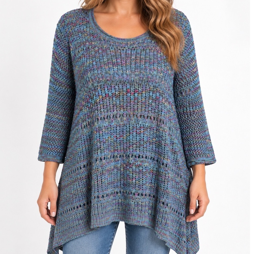 Faded Glory Large Blue Multicolor Open Knit Sweater Tunic Lagenlook Boho